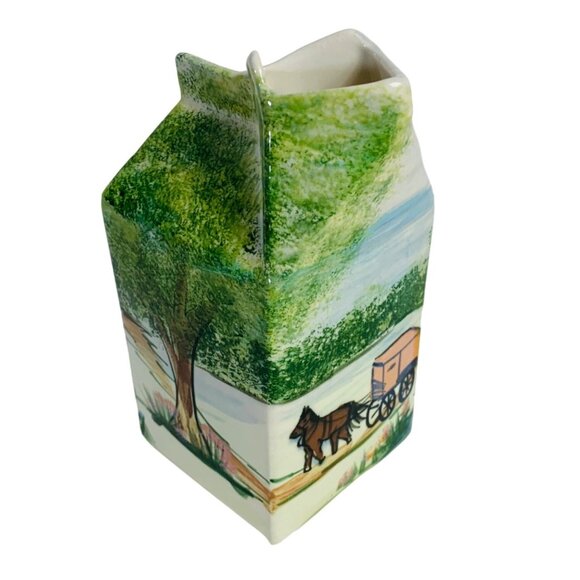Farmhouse Amish Ceramic Milk Carton Vase VTG 1977 Horse Buggy Artist Signed - Picture 4 of 14